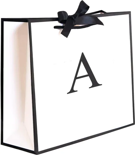 QLSKO Bolsa de regalo inicial con cinta de lazo, bolsa de papel horizontal personalizada con monograma, regalos de cumpleaños para mujeres y hombres