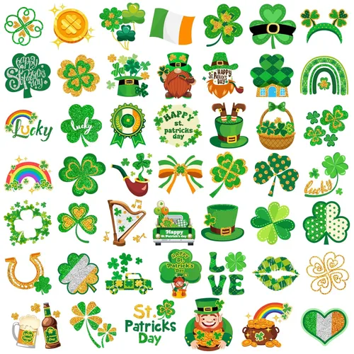 HOWAF 96 tatuajes temporales del día de San Patricio, calcomanías de tatuaje de trébol con purpurina para decoraciones de fiesta irlandesa, tatuajes