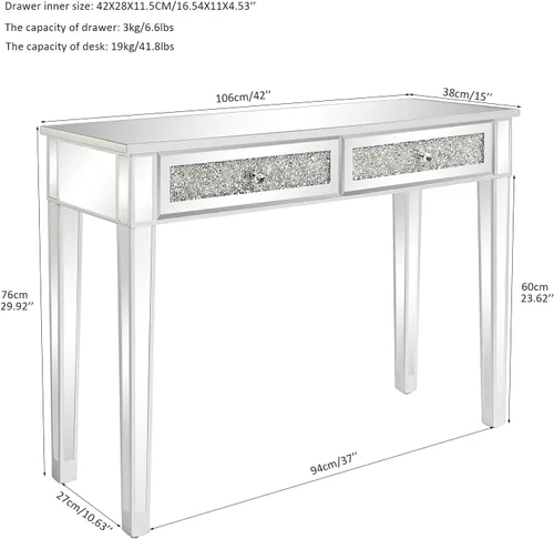 Miniatura 2 de Karl home Mesa de escritorio con espejo y 2 cajones, mesa consola plateada, mesa de sofá con espejo con incrustación de cristal en la parte