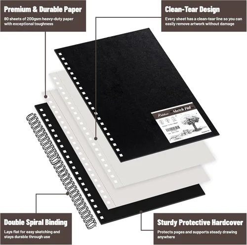 Miniatura 5 de KAKKUE Cuaderno de bocetos de tapa dura de 8.5 x 11 pulgadas, 80 hojas de papel de dibujo grueso profesional, bloc encuadernado en espiral