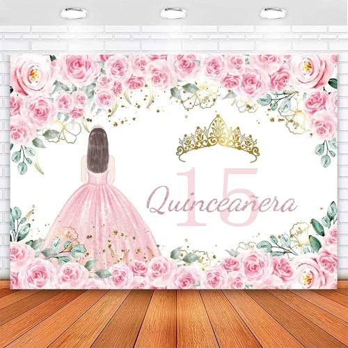 Sensfun Telón de fondo de quinceañera con texto en inglés "Mis Quince Anos", decoración de cumpleaños de 15 años, flores rosadas, corona dorada,