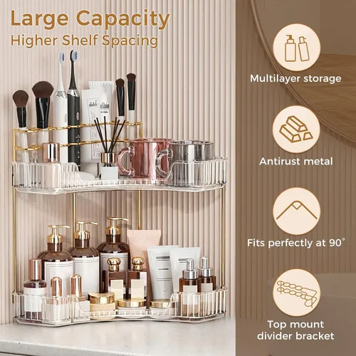 Miniatura 5 de BEFSOP Organizador de esquina para mostrador de baño, organizador de maquillaje mejorado de 2 niveles con soporte para brochas de maquillaje