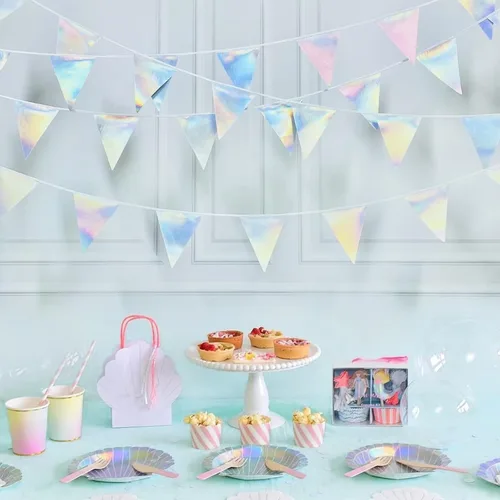 Miniatura 7 de Decoración de fiesta iridiscente de 33 pies, tela holográfica, banderín triangular, banderín de algodón, guirnalda de banderines para cumpleaños