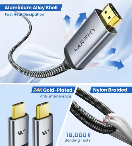Miniatura 6 de WARRKY Cable USB C a HDMI 4K 60Hz [antiinterferencia, conectores chapados en oro] Cable HDR de aluminio tipo C a HDMI 2.0, Thunderbolt 3/4/5