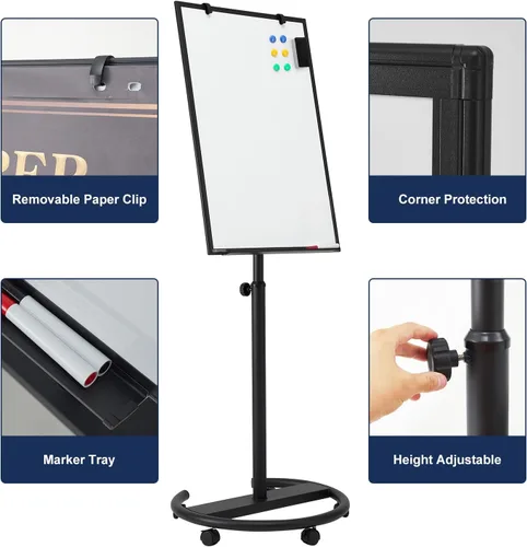 Miniatura 4 de TSJ OFFICE Pizarra blanca móvil de pie, 36 x 24 pulgadas, pizarra blanca magnética rodante, altura ajustable, pizarra de borrado en seco sobre Negro