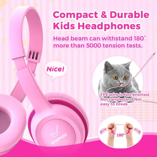 Miniatura 2 de vinamass Auriculares para niños, auriculares con cable para niños con limitador de volumen seguro, auriculares para niños con cable de 0.138 in Rosa