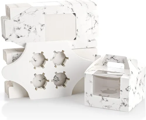 Miniatura 6 de ZEAYEA Paquete de 40 cajas para cupcakes con ventana y asa, 4 cavidades de papel para cupcakes, contenedores portátiles de pastelería, portadores