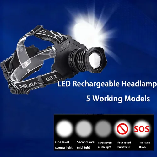 Miniatura 2 de Linterna frontal recargable LED ultra brillante – 12 horas de tiempo de funcionamiento, batería de 7500 mAh, 5 modos de luz, 90° ajustable