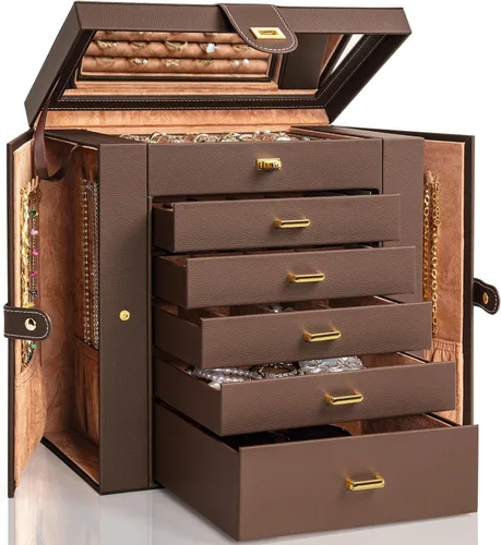 AKOZLIN - Organizador de joyas grande de 6 niveles, con cerradura, funcional y enorme, con 5 cajones, de cuero, para mujeres y niñas, para anillos,