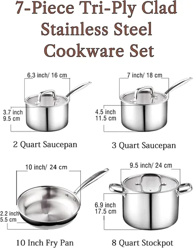 Miniatura 2 de Cook N Home Juego de utensilios de cocina de acero inoxidable con revestimiento de tres capas de 7 piezas, ollas y sartenes, juego de cocina