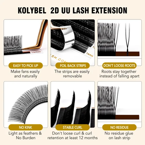 Miniatura 4 de KOLYBEL Extensiones de pestañas en U 2D UU 0.07 C, rizo C tejidas a mano, en forma de U, pestañas Easy Fan de 0.315-0.591 in, volumen ruso
