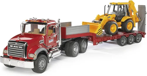 Camión plataforma Mack Granite con JCB cargadora retroexcavadora de Bruder