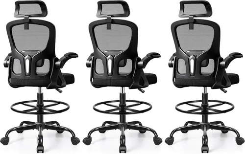 Miniatura 9 de Silla de dibujo, silla de oficina alta para escritorio de pie, respaldo alto ergonómico con reposacabezas, soporte lumbar, anillo para el pie y Negro