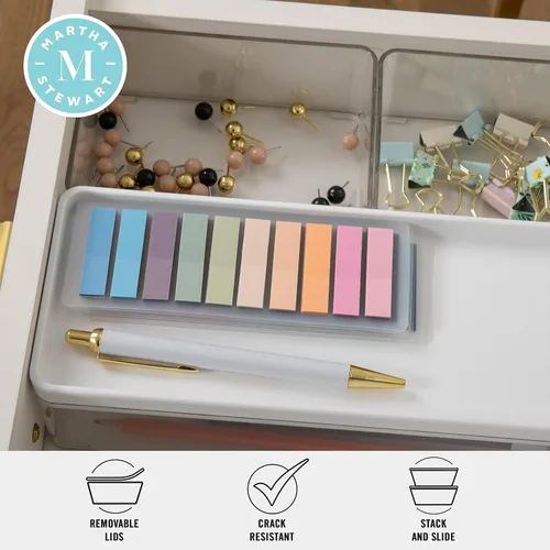 Miniatura 3 de Martha Stewart Grady - Cajas de almacenamiento apilables de plástico transparente con tapas de plástico blanco, juego de 3 Tapa de plástico