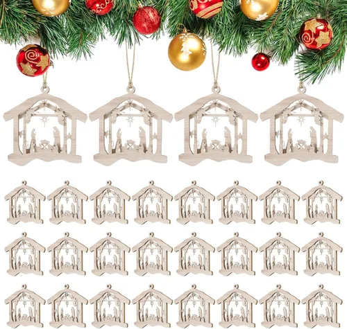 Miniatura 10 de Blulu Juego de 4 piezas de adornos navideños de escena de la natividad, set de regalo a granel, adorno colgante de madera cristiano 3D para árbol