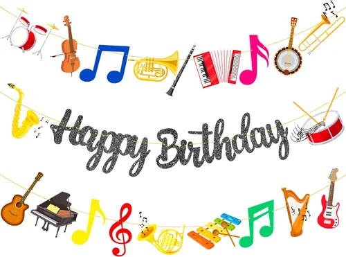 Miniatura 2 de Cartel de fiesta de cumpleaños con purpurina negra para instrumentos musicales, guirnalda de instrumentos musicales para tema de músico, suministros