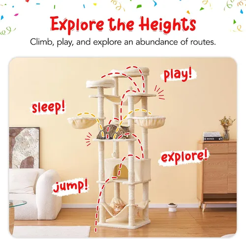 Miniatura 8 de Árbol para gatos de 77 pulgadas de alto, torre grande de varios niveles para gatos con 4 hamacas, 2 perchas acolchadas, condominio para gatos, Beige