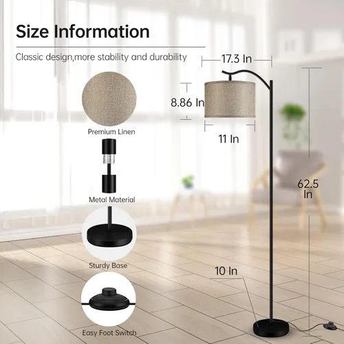 Miniatura 5 de BoostArea Lámpara de pie para sala de estar, lámpara arqueada LED de 9 W, altura moderna con pantalla de lino de tela, 3 niveles de brillo, enchufe