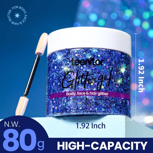 Miniatura 2 de Teenitor Purpurina Azul para el Cuerpo, Purpurina para la Cara, Gel de Purpurina para el Cuerpo, Gel de Purpurina para el Cabello, 80 g/2.8 oz