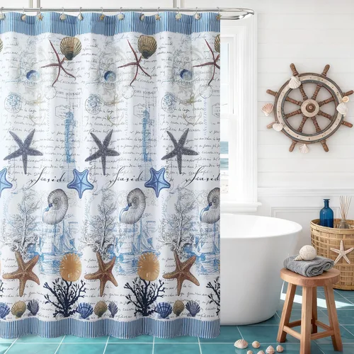 Miniatura 7 de Cortina de ducha costera con temática de playa, decoración náutica del océano con faro, conchas marinas, estrellas de mar y coral, tela de poliéster