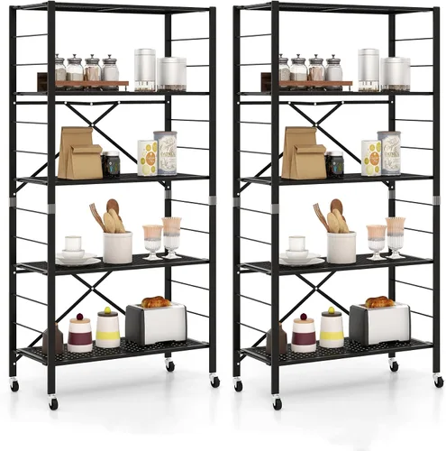 Miniatura 10 de Giantex Estantería plegable de 5 niveles con ruedas color negro, estantes de metal plegables de 60 pulgadas de alto para almacenamiento
