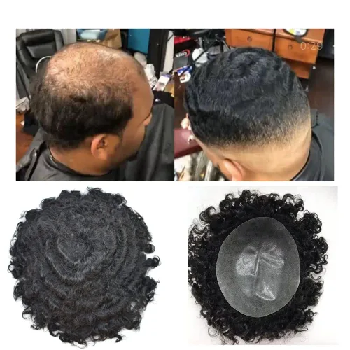 Miniatura 19 de Unidades de cabello afro para hombre, tupé, meave, afro tupé para hombre, sistema de reemplazo de cabello humano rizado, postizo de 0.787 in, 1#