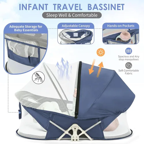 Miniatura 3 de ISELECTOR moisés portátil para bebé, cama de viaje, cuna de viaje para exteriores, tumbona para bebé, cama de viaje para bebés con red de mosquitos