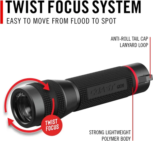 Miniatura 6 de Coast GX20 - Linterna LED alcalina impermeable de doble potencia de 1200 lúmenes con enfoque giratorio, tapa antirrodadura y mango texturizado
