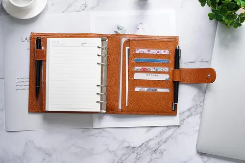Miniatura 4 de Moterm Planificador de anillos de lujo para todo el personal – Organizador de carpeta de cuero genuino (naranja quemado, anillo de 1.181 in)