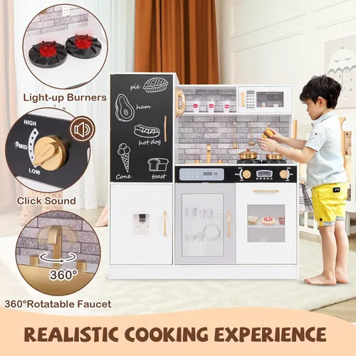 Miniatura 7 de HONEY JOY Juego de cocina para niños de 39 pulgadas, juego de cocina grande de madera con pizarrón, teléfono, utensilios, horno, microondas