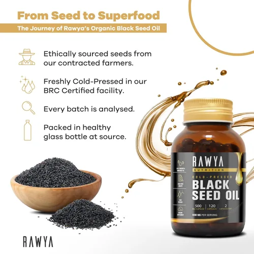 Miniatura 6 de RAWYA Cápsulas de cápsulas blandas de aceite de semilla negra, Halal, Premium prensado en frío, Nigella Sativa, sin OMG, 500 mg por cápsula - 120