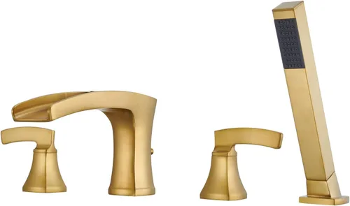 Miniatura 8 de Llenador de bañera romana cascada grifo de bañera cromado, grifos de baño de latón de 4 agujeros con ducha de mano