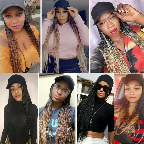 Miniatura 7 de Gorra con peluca para mujeres con gorra de béisbol y cabello trenzado adjunto, peluca de trenzas negras sintéticas, gorra ajustable con trenzas