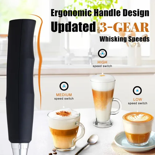 Miniatura 3 de Nahida Varita Espumadora de Leche Negra para Café, Espumador de Mano Recargable Batidor Eléctrico Mezclador de Bebidas con 3 Cabezales 3 Velocidades