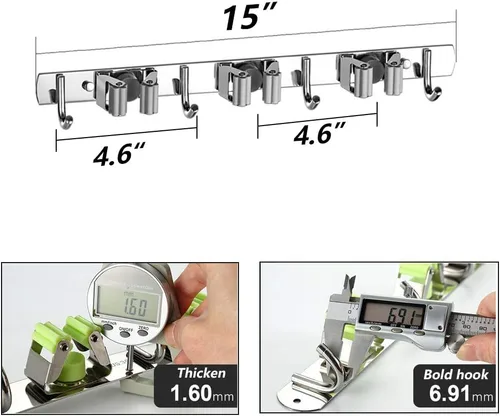 Miniatura 4 de DGSL 4 soportes de pared para escobas con 3 bastidores y 4 ganchos, organizador de pared de acero inoxidable para fregona y escoba, estante