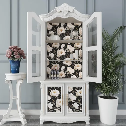 Miniatura 5 de Papel tapiz floral para despegar y pegar, papel de contacto negro/beige, flores de peonía grandes de 17.5 x 118 pulgadas, papel mural vintage