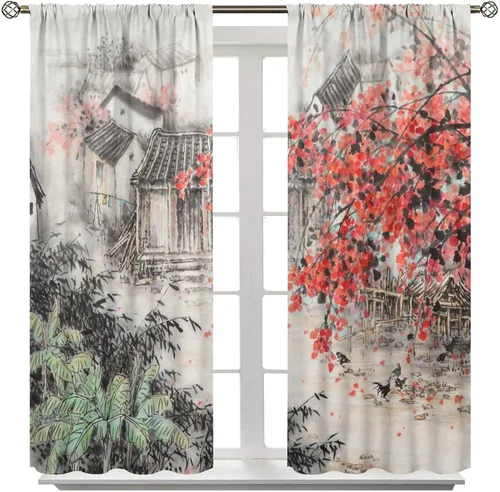 Miniatura 3 de Cortina asiática, flor de cerezo japonés, montañas brumosas de ciruelo rojo asiático, pintura de tinta tradicional, paisaje chino oriental