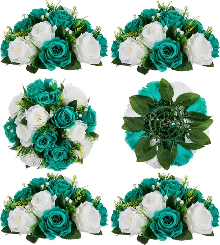 Miniatura 11 de BLOSMON Bolas de flores, centros de mesa de rosas de boda: 2 piezas de flores falsas carmesí decoración de bolas de besos Arreglos florales