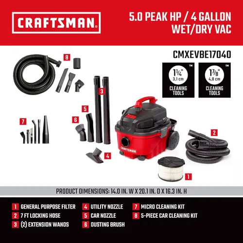 Miniatura 3 de CRAFTSMAN CMXEVBE17040 Aspiradora para Seco y Húmedo de 4 Galones, 5.0 HP Máximo, Aspiradora de Taller Portátil para Seco y Húmedo con Filtro