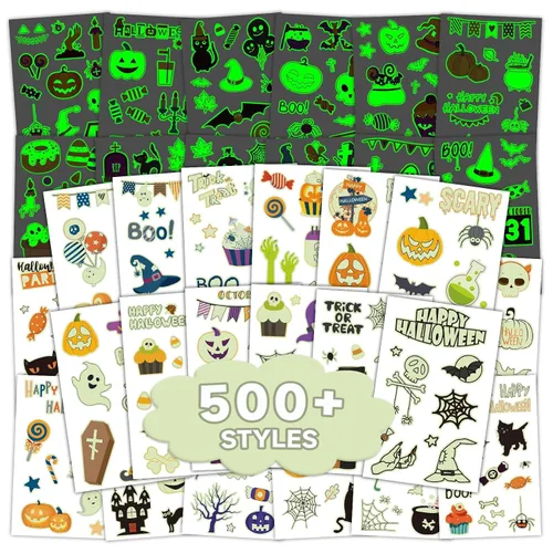 EMOME Más de 500 estilos de tatuajes de Halloween brillantes para niños a granel, lindos tatuajes temporales para niños, golosinas de Halloween,