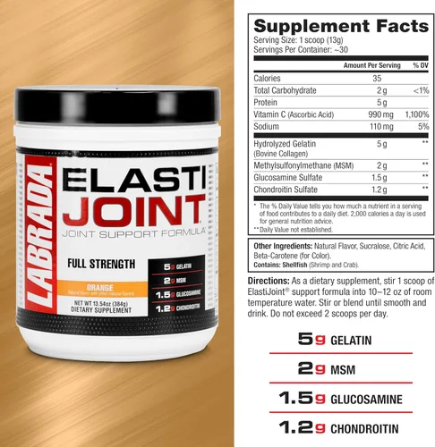 Miniatura 6 de Labrada Elastijoint - Polvo de soporte para articulaciones, mezcla de bebida todo en uno con glucosamina condroitina, MSM y colágeno, naranja, 30