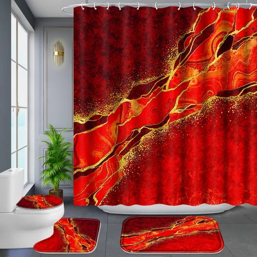 Miniatura 13 de Poedist Juego de 4 cortinas de ducha de baño con borde negro y dorado, juego de baño con cortina de ducha y alfombras