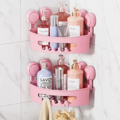 Miniatura 8 de LEVERLOC Organizador esquinero para ducha con ventosa, cesta de ducha potente con ventosa, organizador impermeable y resistente al óxido