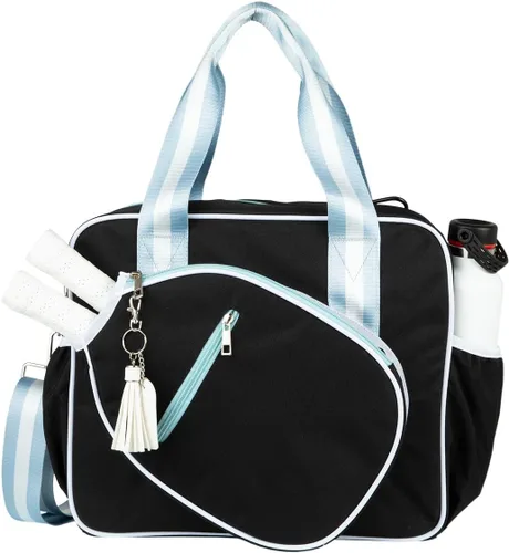 Linda bolsa de pickleball Prepster para mujeres con gancho para cerca, bolso con bolsillos para botella de agua, palas, pelotas, accesorios Negro