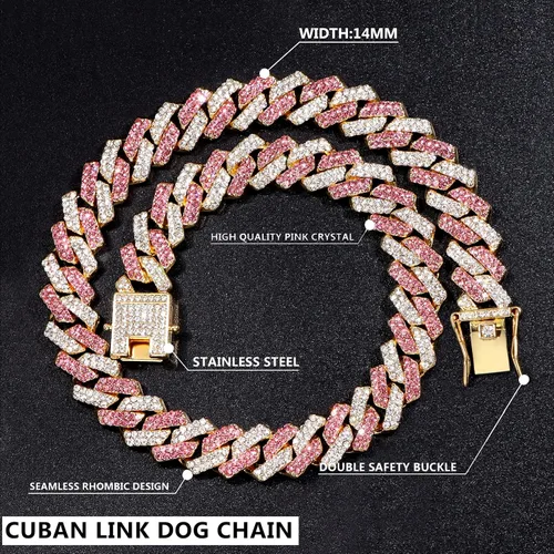 Miniatura 3 de Collar de cadena dorada para perro, collar cubano de diamantes para caminar, collar de cadena de metal con diseño de hebilla segura, collares