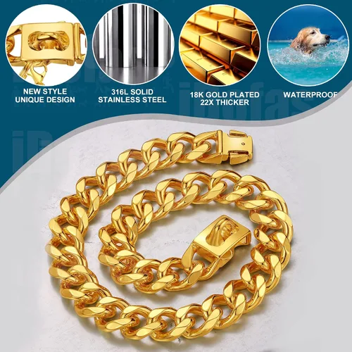 Miniatura 4 de Collar de cadena de oro para perro, collar de cadena de metal de 0.748 in con hebilla segura, collar de perro de eslabones cubanos de oro de 18