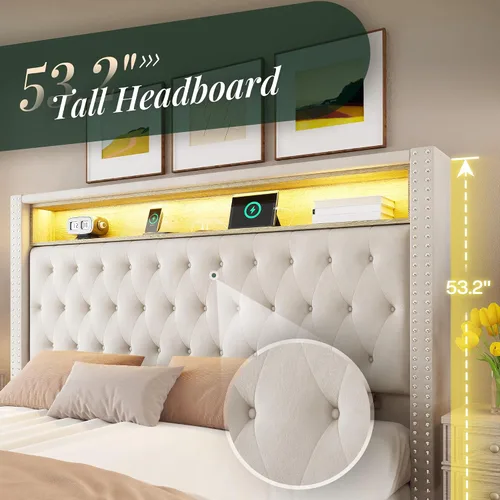 Miniatura 5 de Jocisland Marco de cama tamaño Queen de 53.2 pulgadas con cabecero de almacenamiento alto, luces LED y estación de carga, cama plataforma