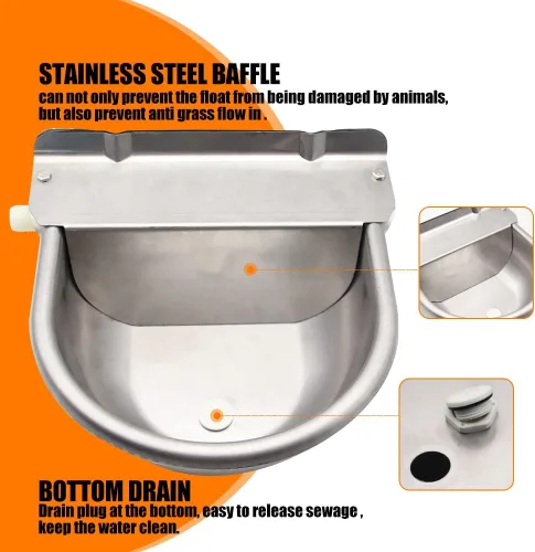 Miniatura 6 de Cuenco automático de agua potable para animales con válvula de flotador, dispensador de ganado de acero inoxidable 304 con orificio de drenaje
