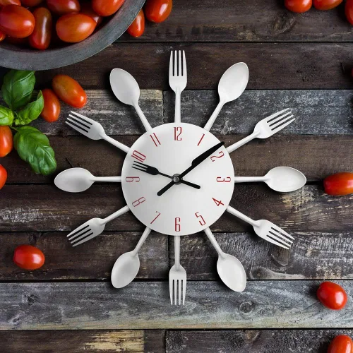 Miniatura 3 de Timelike Reloj de pared de cocina, 3D extraíble, moderno, creativo, cubiertos, cuchara, tenedor, reloj de pared, espejo, calcomanía de pared, Blanco