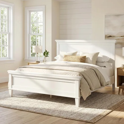 Miniatura 7 de Cama de plataforma de madera maciza de estilo moderno con cabecero, estribo, marco de cama de madera y patas de soporte central de madera maciza,